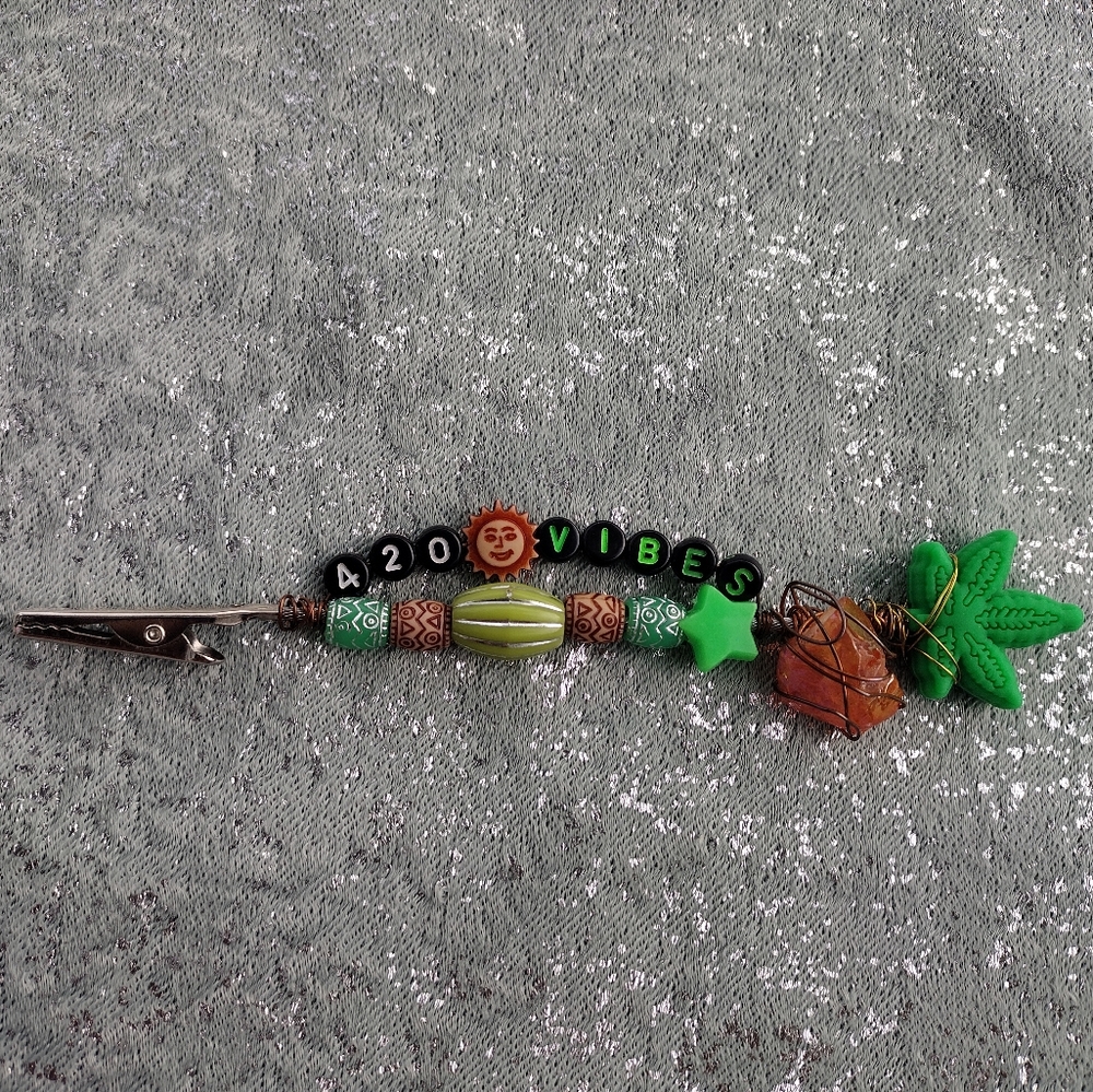 Artisan 420 aura crystal quartz beaded roach clip atm card grabber bronze